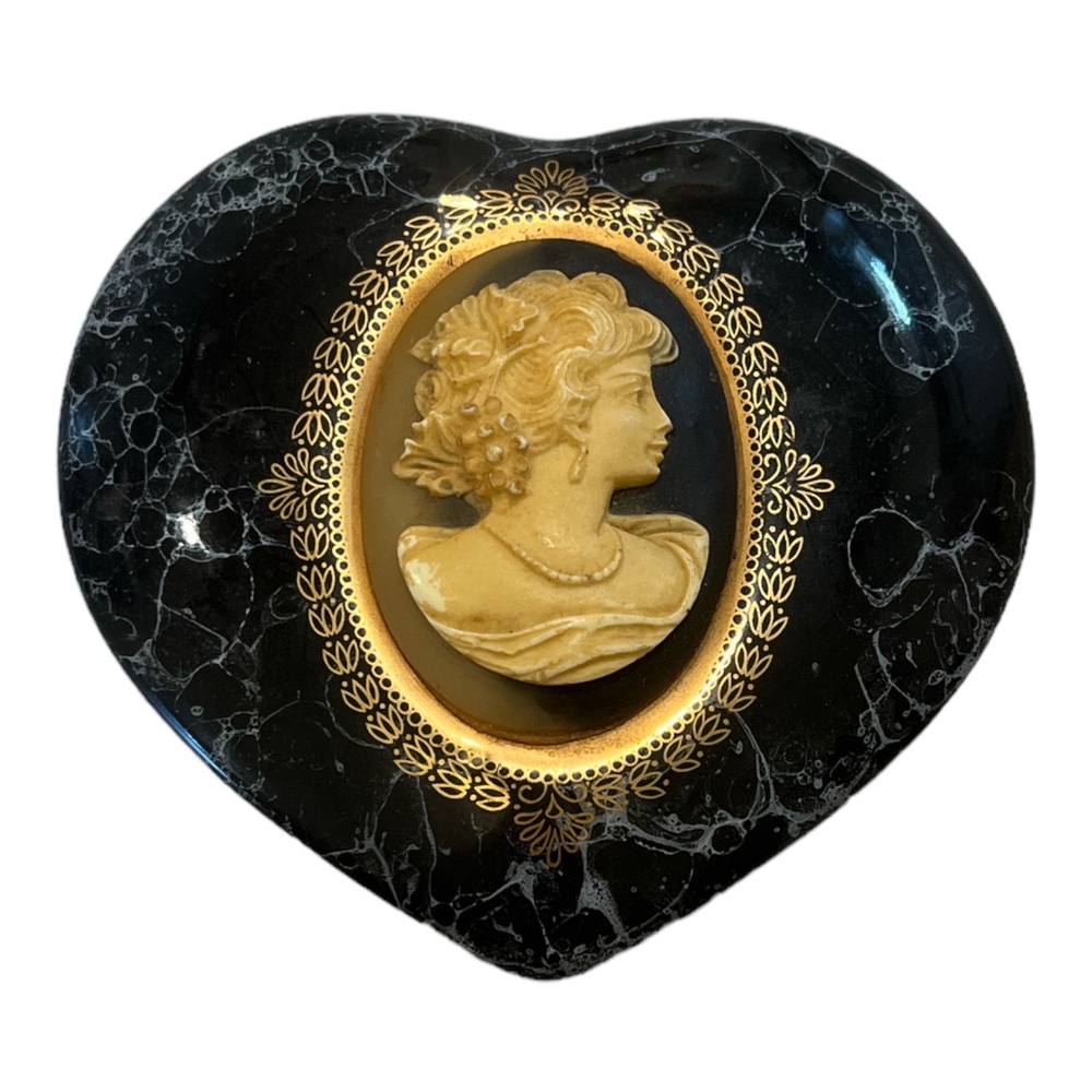 Vintage Black White Marble Heart Shaped Ceramic Trinket Box With Cameo Insert